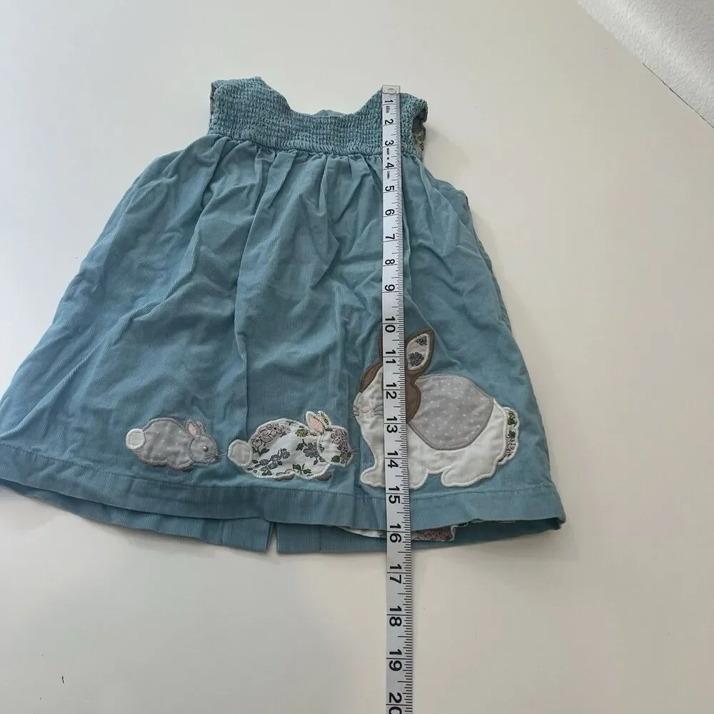 Baby Boden 6-12 Months Blue Corduroy Bunny Dress Floral Linings Jumper Smocked